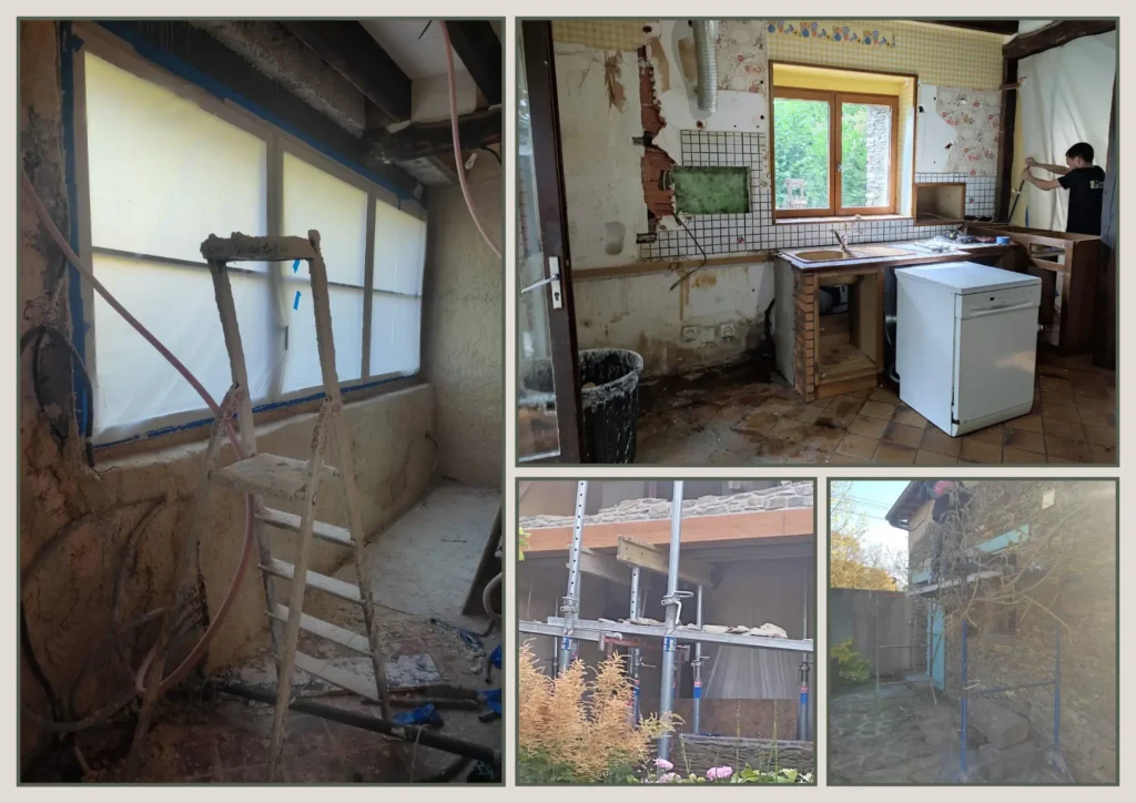Cuisine de maison ancienne avant démolition complète à Béziers – murs dégradés, ancien carrelage, échafaudage extérieur et début de décapage par l'équipe Zahra Décoration