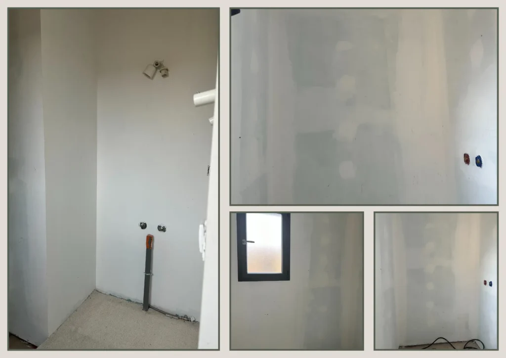Salle de bain avant rénovation complète à Béziers – murs enduits, arrivées de plomberie et électricité apparentes en attente de carrelage