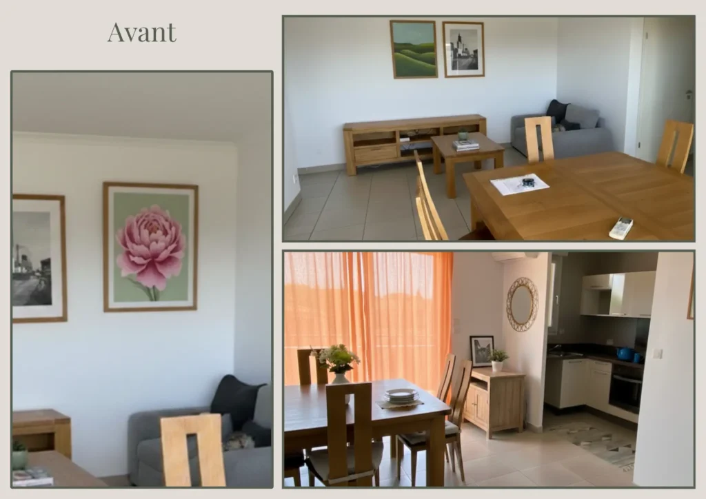 Salon séjour appartement avant relooking décoration intérieure, mobilier bois non coordonné et murs vides – Zahradecoration, décoratrice intérieur Béziers