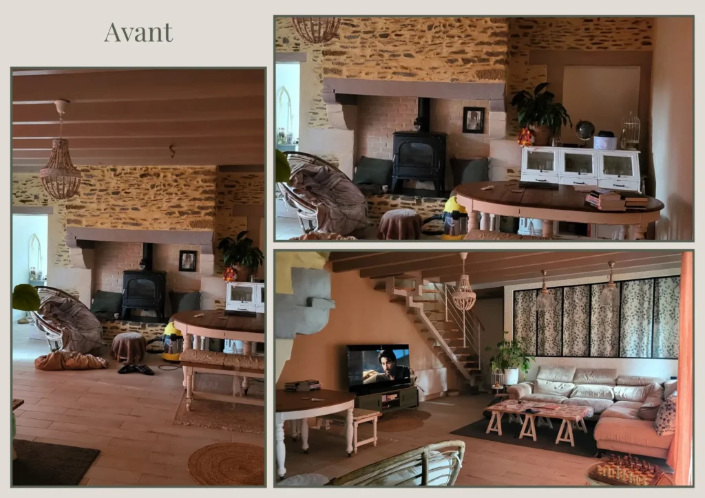 Photo avant rénovation salon séjour maison de caractère, mur en pierres apparentes et cheminée à bois – Zahradecoration, décoratrice intérieur Béziers