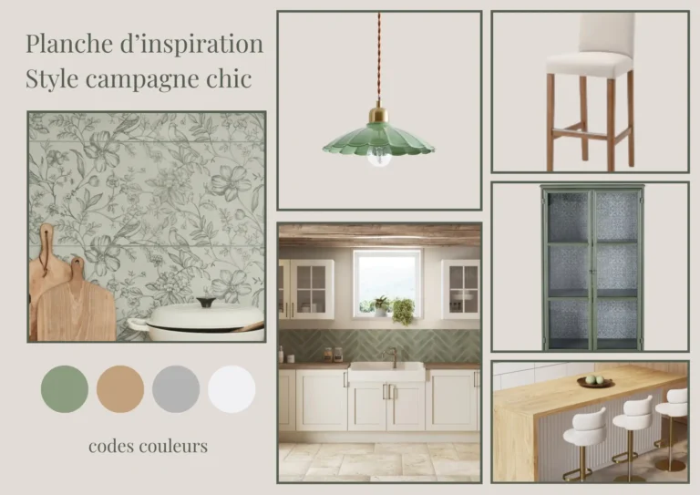 Planche d'inspiration cuisine style campagne chic, tons vert sauge et doré, carrelage chevron et vaisselier vintage – Zahradecoration, décoratrice intérieur Béziers