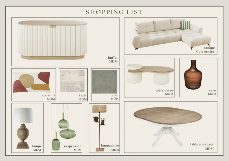 Shopping list décoration salon contemporain – sélection mobilier coordonné canapé bouclette, buffet strié blanc et suspensions vertes laiton – Zahradecoration, décoratrice intérieur Béziers