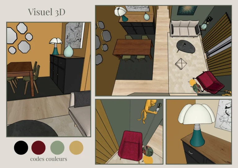 Visuel 3D conception salon séjour SketchUp, palette ocre vert sauge et bordeaux, buffet noir miroirs hexagonaux et fauteuil velours – Zahradecoration, décoratrice intérieur Béziers
