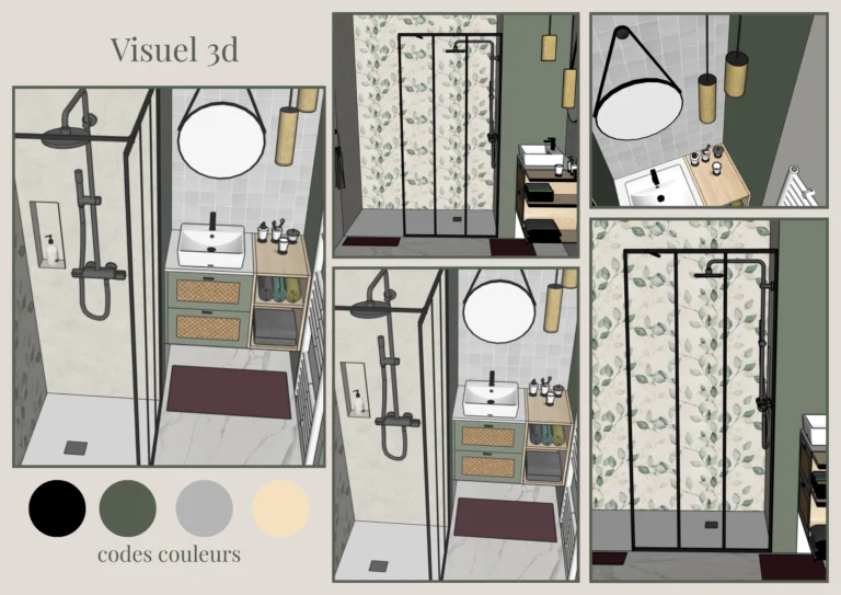 Visuel 3D salle de bain SketchUp, douche italienne paroi noire, meuble vasque bois rotin, carrelage marbre et mur vert sauge – Zahradecoration, décoratrice intérieur Béziers