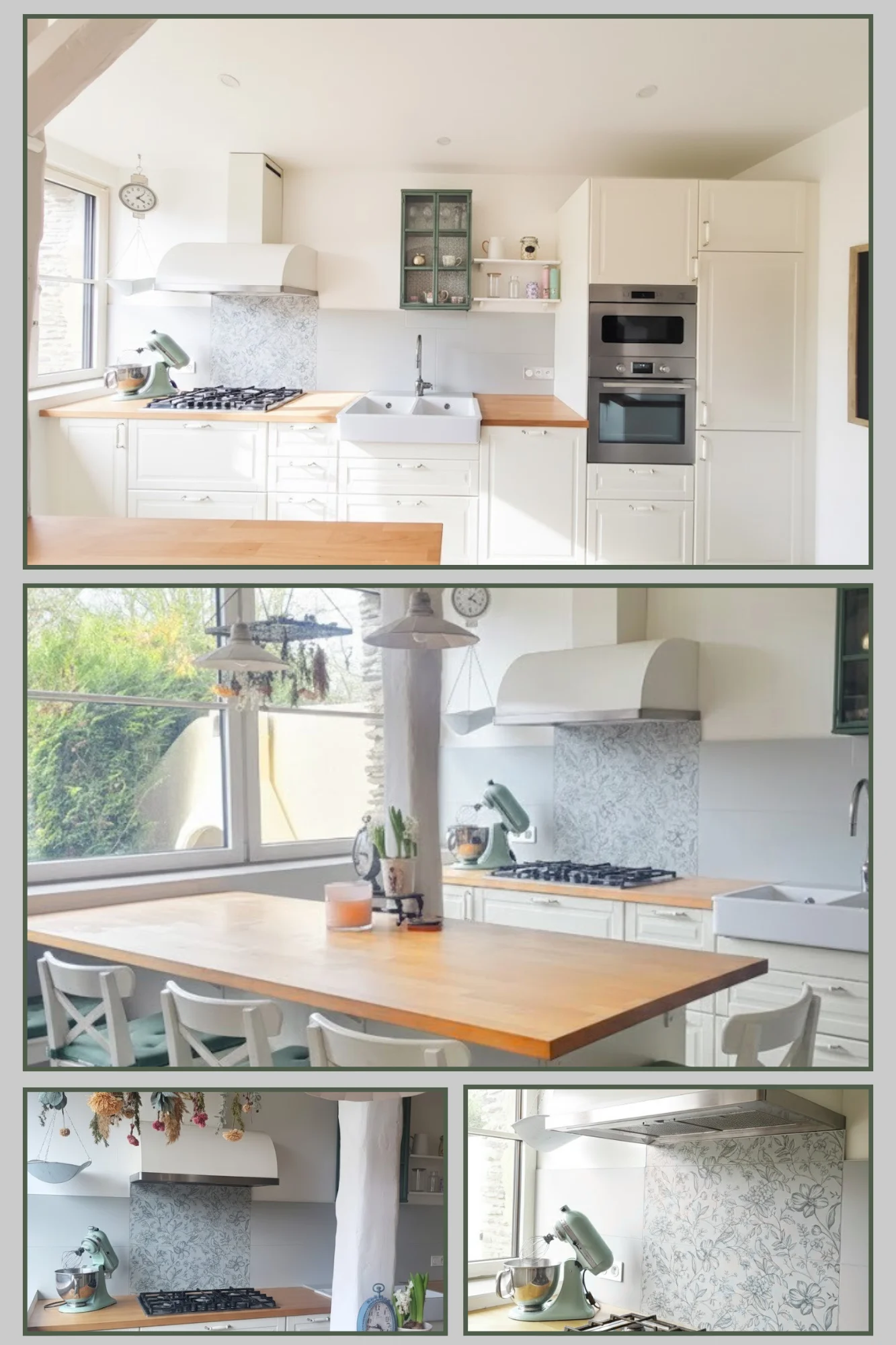 Réalisation cuisine campagne chic, façades blanches shaker, plan de travail bois, évier Belfast et crédence carrelage floral – Zahradecoration, décoratrice intérieur Béziers