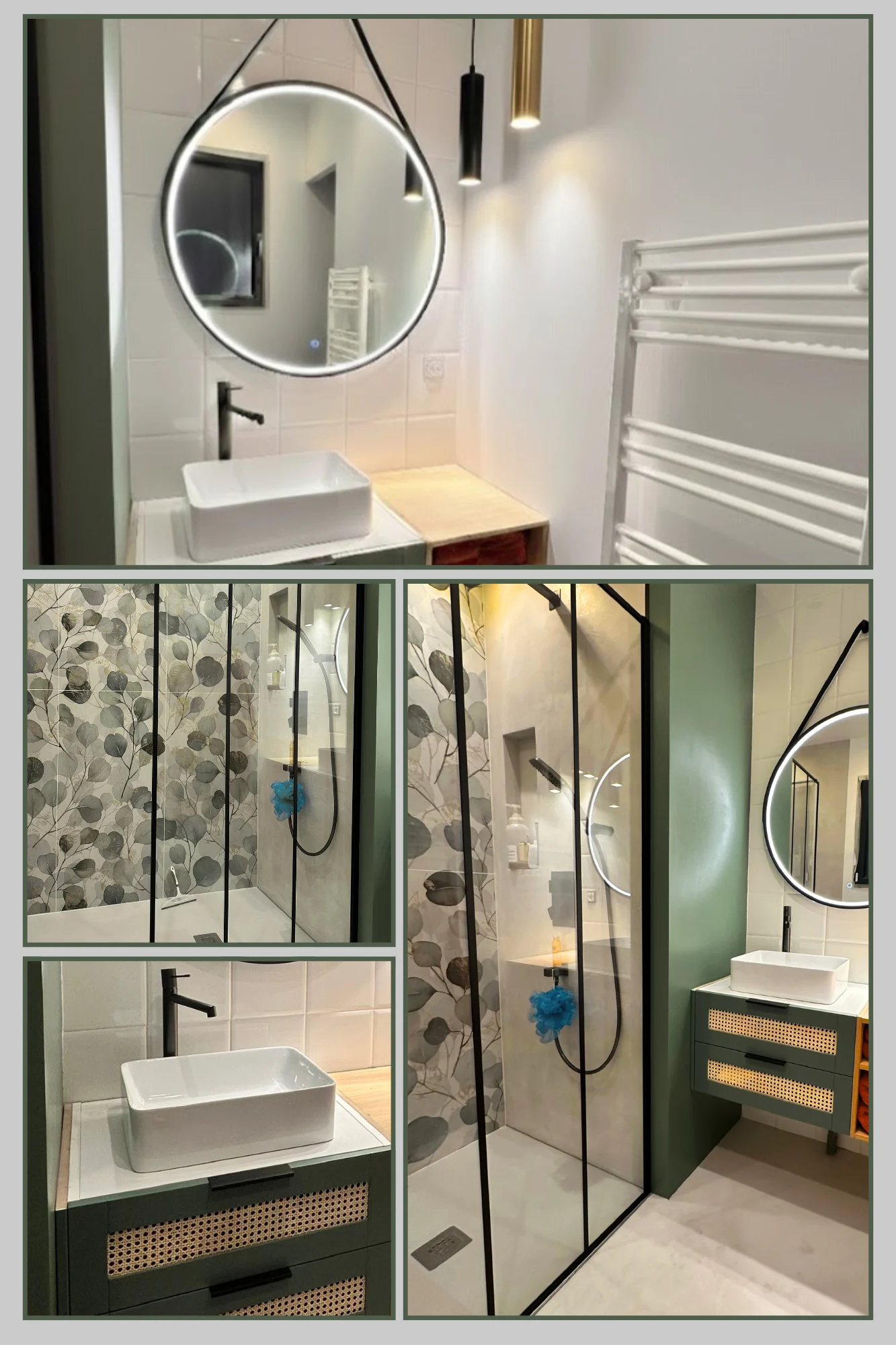 Réalisation salle de bain vert sauge et noir, meuble vasque cannage rotin, douche italienne paroi noire et carrelage botanique – Zahradecoration, décoratrice intérieur Béziers