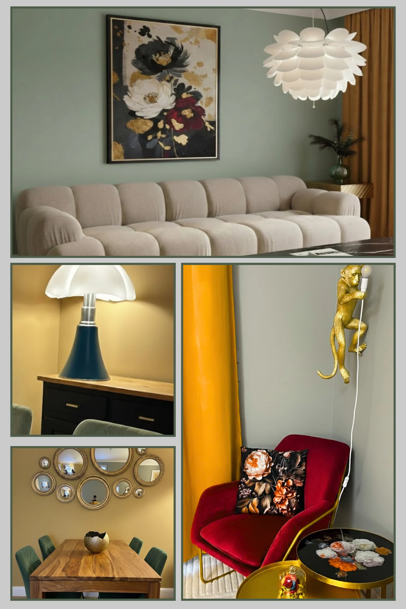 Réalisation salon séjour Paris, mur vert sauge, canapé bouclette crème, fauteuil velours bordeaux et suspension artichaut – Zahradecoration, décoratrice intérieur Béziers