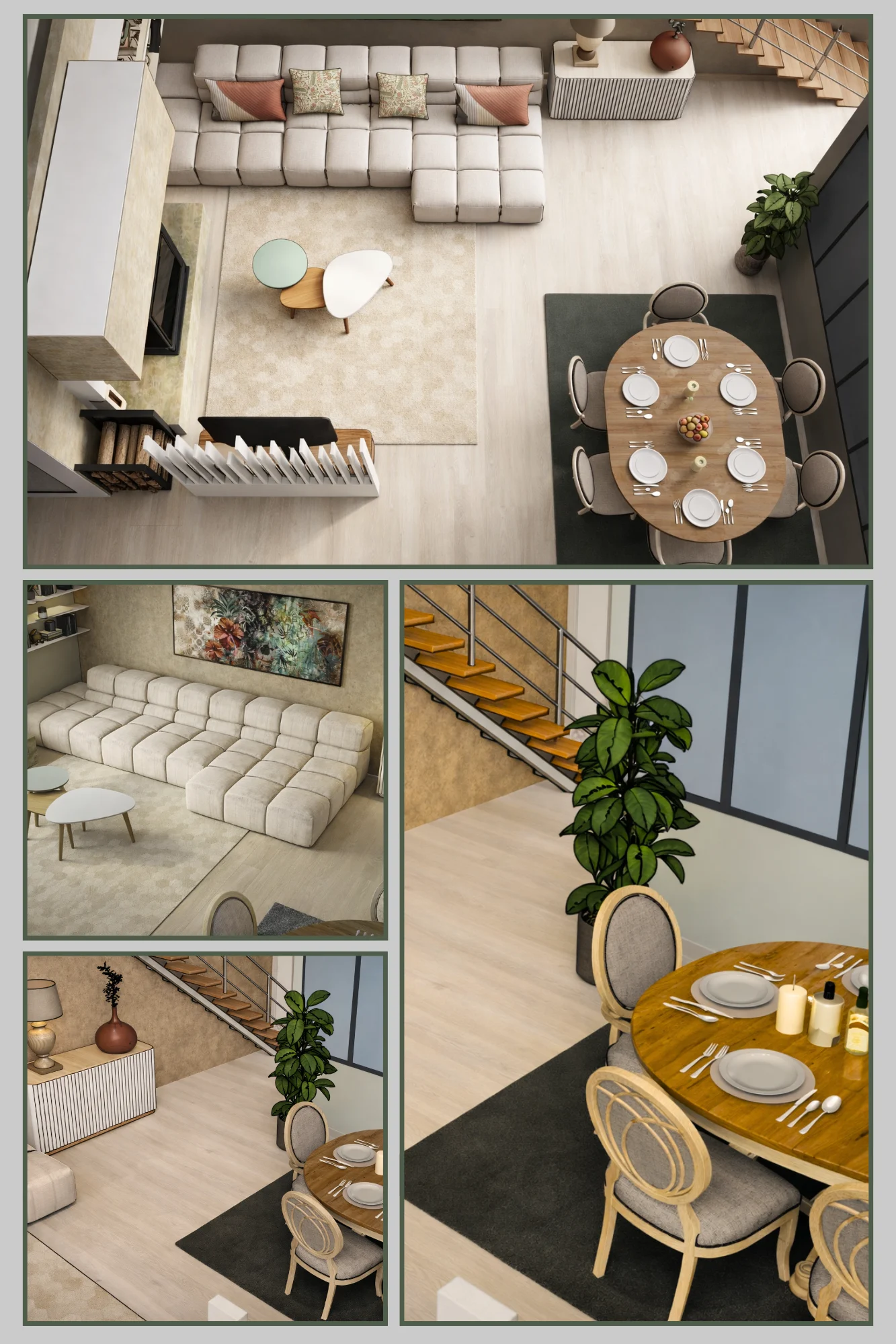 Rendu 3D SketchUp salon salle à manger, plan d'aménagement vue aérienne et perspectives, canapé blanc et table ronde bois – Zahradecoration, décoratrice intérieur Béziers